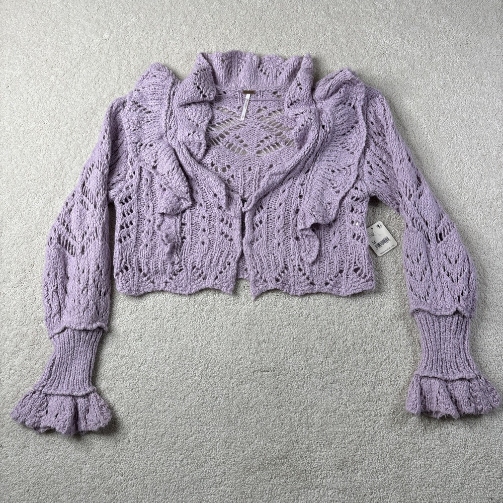 Free People Avery Crop Cardigan Orchid Dust Women's Medium Crochet Purple NWT - Picture 2 of 16